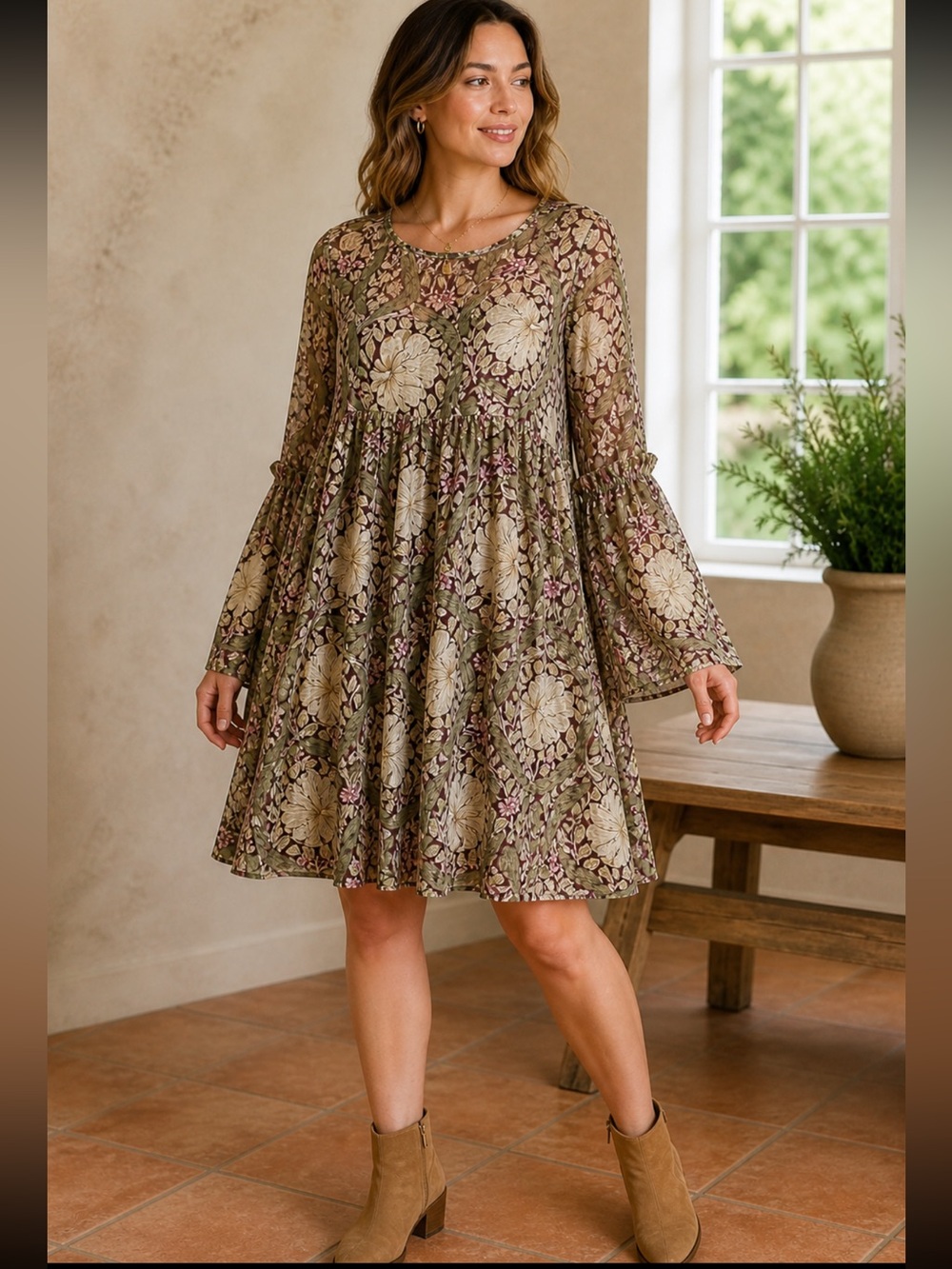 Morris & Co x H&M Floral Mini Dress Boho Cottagecore Sheer Bell Sleeve Size 16